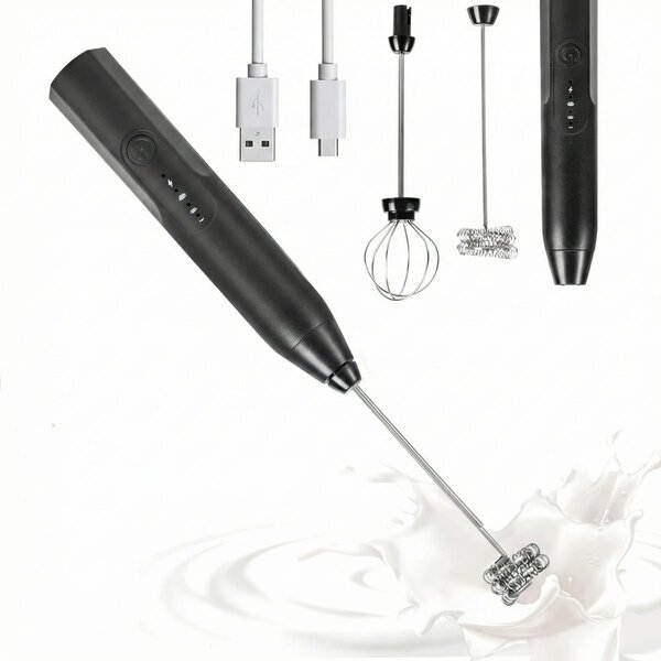 Mini-mixer electric pentru spumare și amestecare rapidă, cu acumulator, 2 capete și 3 trepte, Negru
