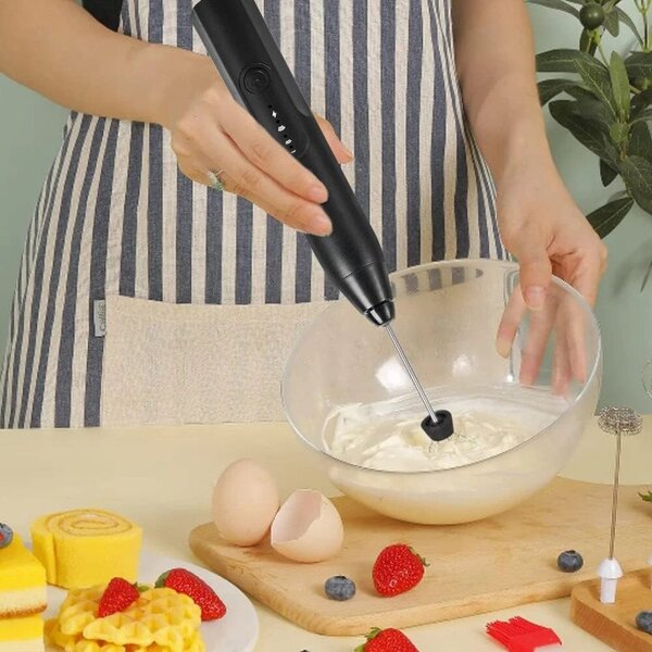 Mini-mixer electric pentru spumare și amestecare rapidă, cu acumulator, 2 capete și 3 trepte, Negru