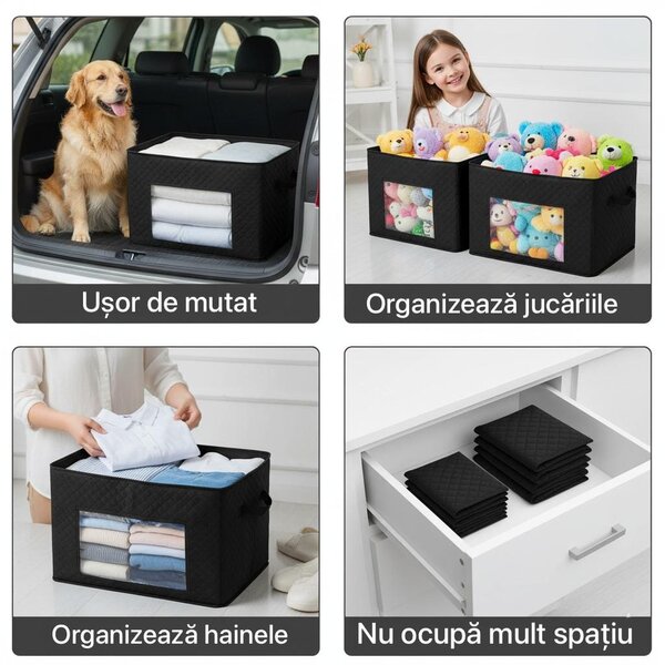 Cutie mare pentru depozitare si organizare, pliabila, cu fereastra transparenta si capac rezistent, negru