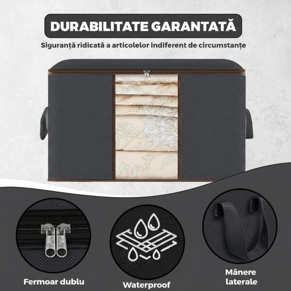 Set 3 Cutii depozitare 84L pliabile cu fereastră transparentă 60x40x35 cm