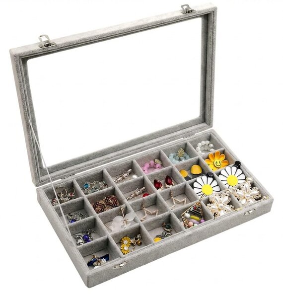 Cutie bijuterii organizator cu capac sticlă, 24 compartimente, materiale calitate
