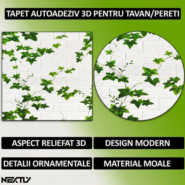 Set 10x tapet 3D caramida cu iedera, panouri autoadezive 4.9mp, 70x70 cm