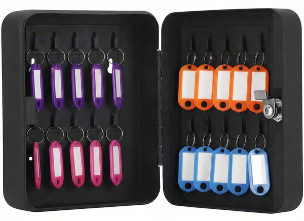 Cutie metalica din otel pentru 20 de chei, echipata cu suporturi, 20x16x7,5 cm, neagra