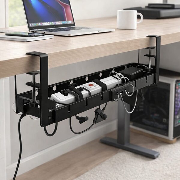 Organizator de cabluri sub birou, tava metalica cu clema, fara gaurire, extensibil 29–54,5 cm, negru