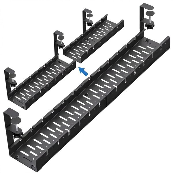 Organizator de cabluri sub birou, tava metalica cu clema, fara gaurire, extensibil 29–54,5 cm, negru
