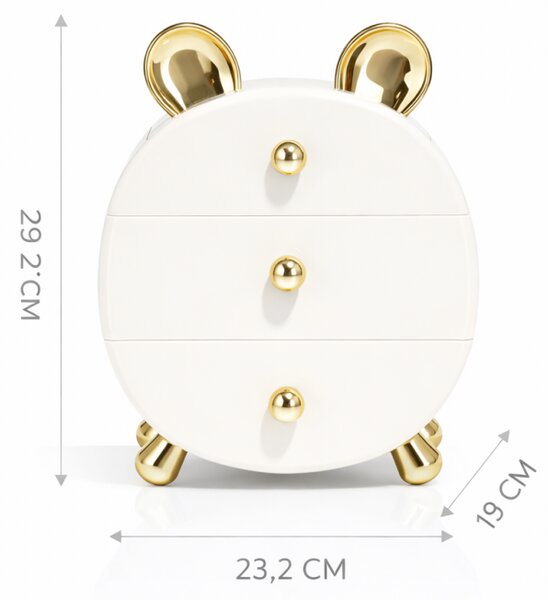 Dulap organizator pentru cosmetice, 3 sertare depozitare, model alb ursulet cu urechi aurii, JollyMag, CB77, 29.2x23.2x17 cm