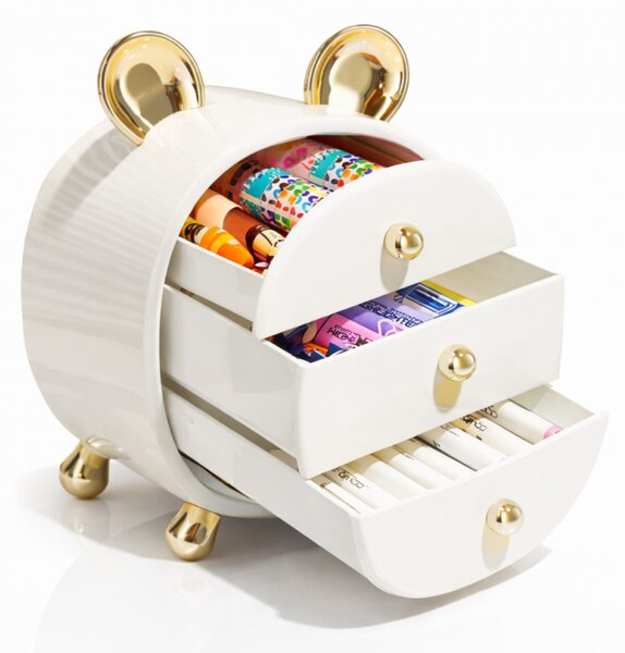 Dulap organizator pentru cosmetice, 3 sertare depozitare, model alb ursulet cu urechi aurii, JollyMag, CB77, 29.2x23.2x17 cm