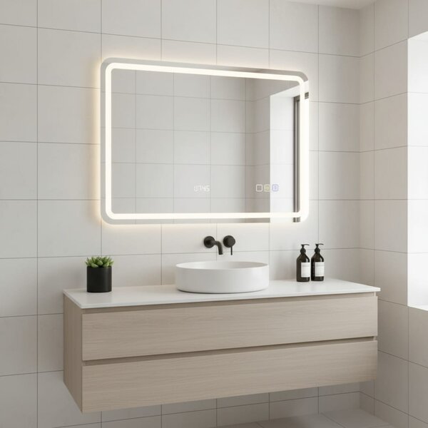 Oglinda touch pentru baie cu led in 3 culori, cu afisare ceas, antiaburire si boxa bluetooth