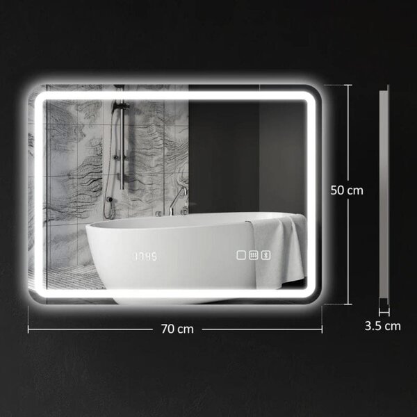 Oglinda touch pentru baie cu led in 3 culori, cu afisare ceas, antiaburire si boxa bluetooth