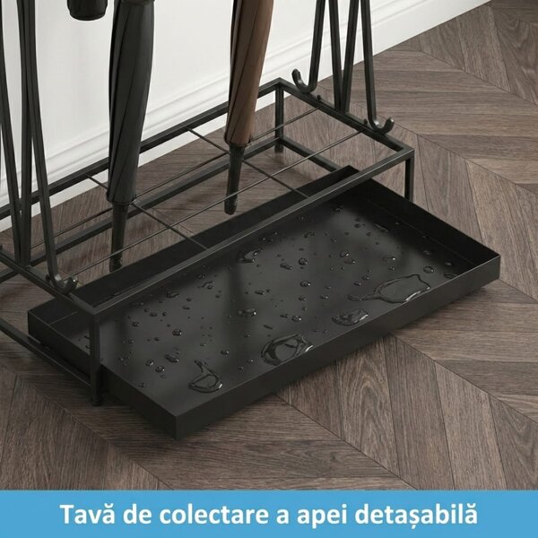 Suport umbrele metalic, 21 sloturi, 24 cârlige, negru, 50x24x68 cm