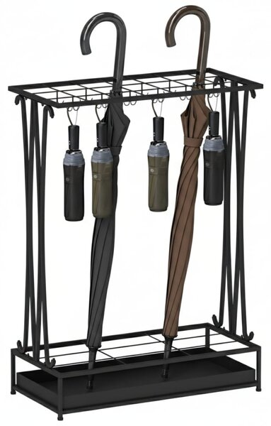 Suport umbrele metalic, 21 sloturi, 24 cârlige, negru, 50x24x68 cm
