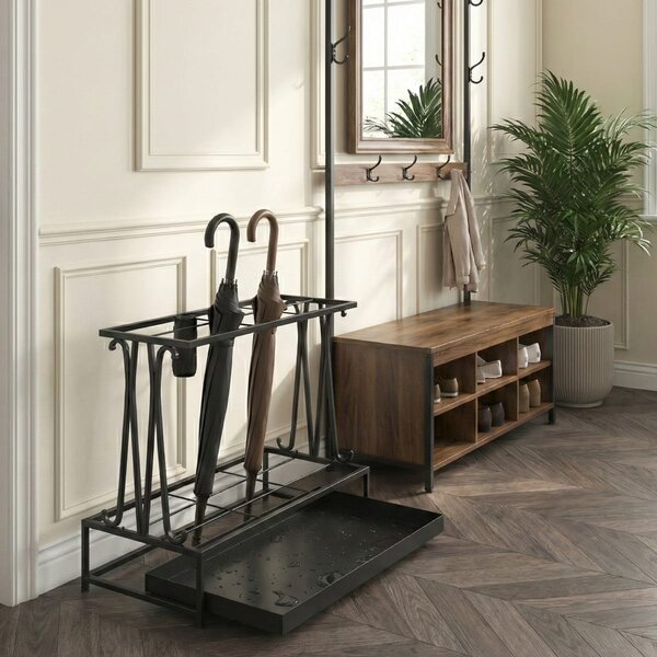 Suport umbrele metalic, 21 sloturi, 24 cârlige, negru, 50x24x68 cm