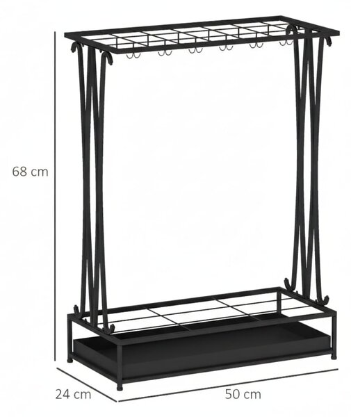 Suport umbrele metalic, 21 sloturi, 24 cârlige, negru, 50x24x68 cm