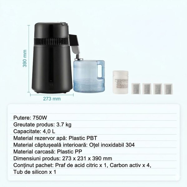 Distilator și Purificator de Apă, 4L, Inox 304, Eficiență și Versatilitate