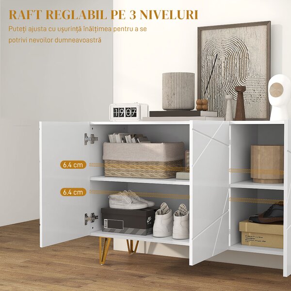 HOMCOM Dulap de Depozitare cu 2 Dulapuri și Raft Reglabil, din PAL și Metal, 120x40x75 cm, Alb și Auriu | Aosom Romania