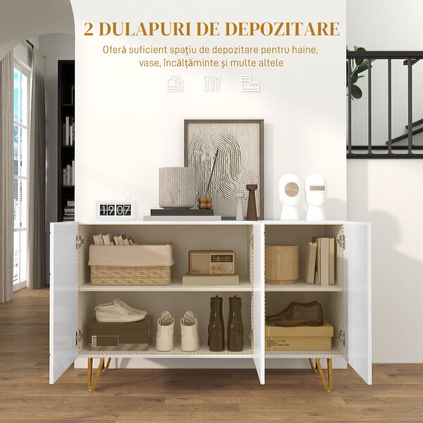 HOMCOM Dulap de Depozitare cu 2 Dulapuri și Raft Reglabil, din PAL și Metal, 120x40x75 cm, Alb și Auriu | Aosom Romania