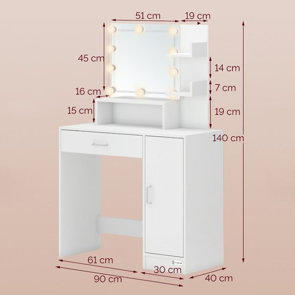 Masă de machiaj Jocelyn cu LED și scaun 140 × 90 × 40 cm