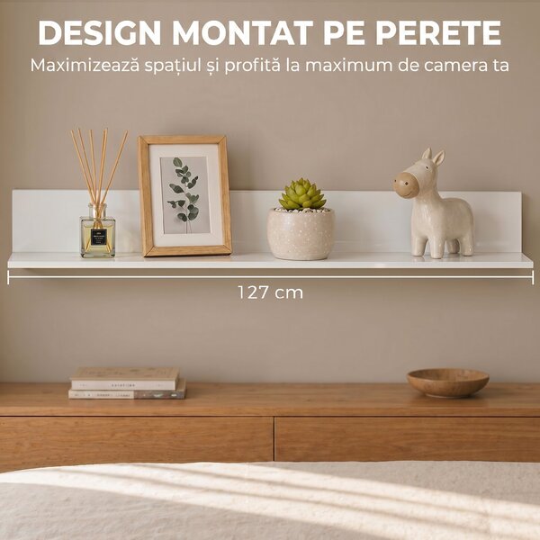 HOMCOM Etajeră de Perete pentru Living și Dormitor, Grosime 1,5 cm, Raft Suspendat din Lemn, 127x12x18 cm, Alb Lucios | Aosom Romania