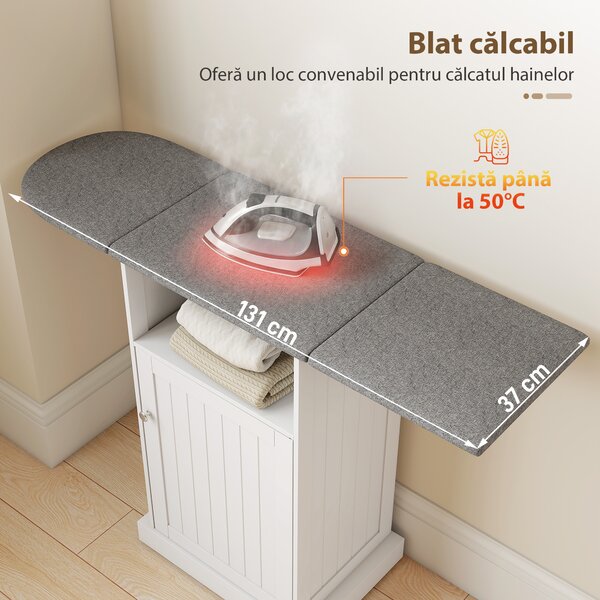 HOMCOM Dulap Compact cu Masă de Călcat Pliabilă pe Roți cu Raft Deschis și Dulap, 121x37x89 cm, Alb și Gri | Aosom Romania