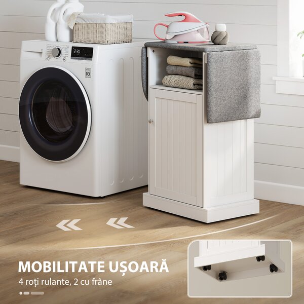 HOMCOM Dulap Compact cu Masă de Călcat Pliabilă pe Roți cu Raft Deschis și Dulap, 121x37x89 cm, Alb și Gri | Aosom Romania