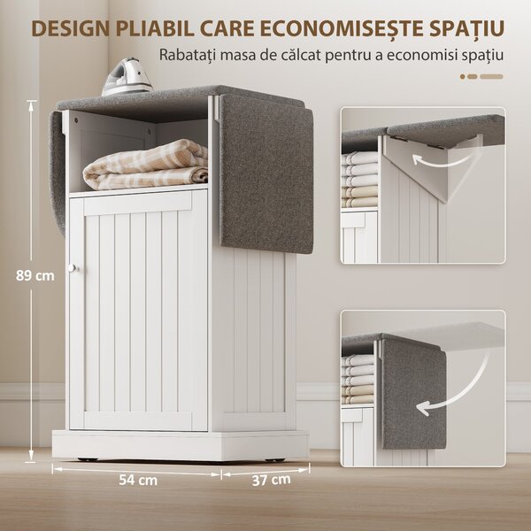 HOMCOM Dulap Compact cu Masă de Călcat Pliabilă pe Roți cu Raft Deschis și Dulap, 121x37x89 cm, Alb și Gri | Aosom Romania