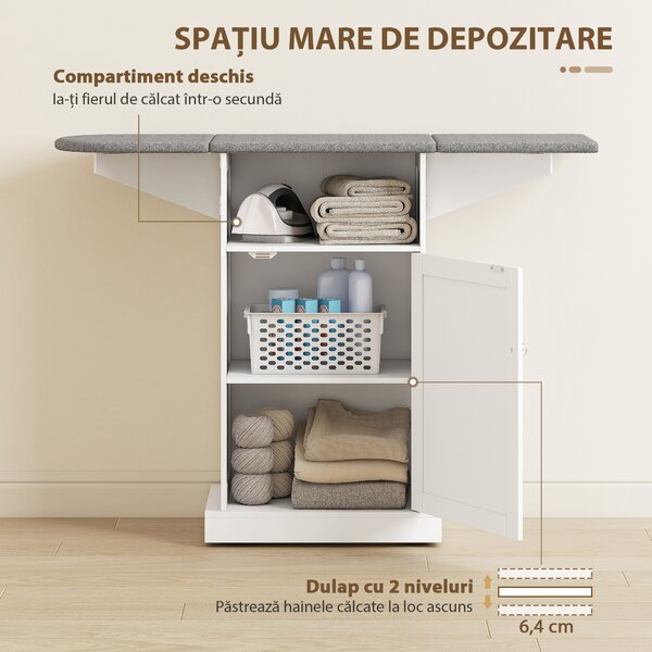 HOMCOM Dulap Compact cu Masă de Călcat Pliabilă pe Roți cu Raft Deschis și Dulap, 121x37x89 cm, Alb și Gri | Aosom Romania