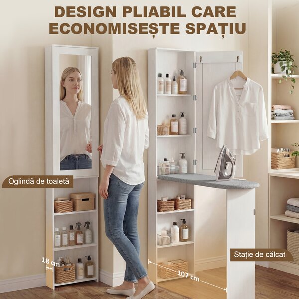 HOMCOM Dulap cu Masă de Călcat Pliabilă Economisitor de Spațiu cu Oglindă, Dulap Multifuncțional cu 6 Compartimente, 2 Cârlige, pentru Spălătorie Baie, 107x35x174 cm, Alb | Aosom Romania