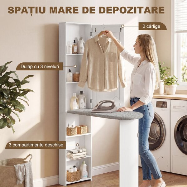 HOMCOM Dulap cu Masă de Călcat Pliabilă Economisitor de Spațiu cu Oglindă, Dulap Multifuncțional cu 6 Compartimente, 2 Cârlige, pentru Spălătorie Baie, 107x35x174 cm, Alb | Aosom Romania