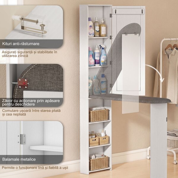 HOMCOM Dulap cu Masă de Călcat Pliabilă Economisitor de Spațiu cu Oglindă, Dulap Multifuncțional cu 6 Compartimente, 2 Cârlige, pentru Spălătorie Baie, 107x35x174 cm, Alb | Aosom Romania