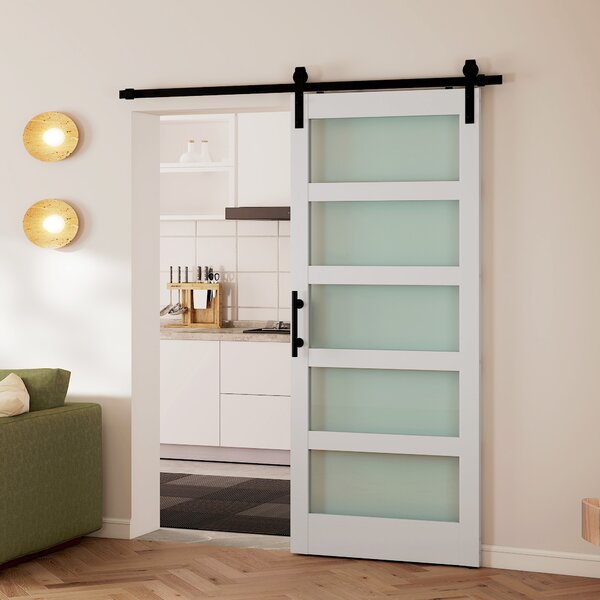 HOMCOM Ușă Glisantă 91.4x213.4cm cu Kit, Panouri din Sticlă, Aspect Lemn Alb | Aosom Romania