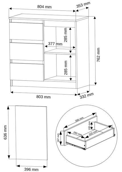 Comoda R-80-S3 cu sertare 80 cm - diverse variante de culori Alb