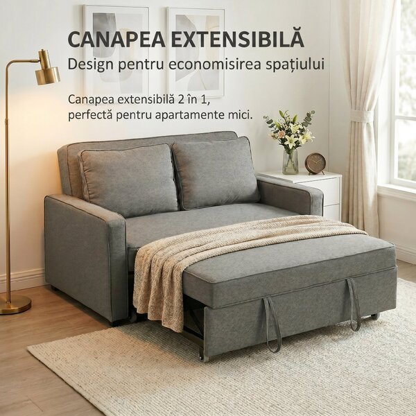 HOMCOM 3 în 1 Canapea Extensibilă 2 Locuri cu Spătar Reglabil pe 3 Poziții, 2 Perne, Material Textil Tip In Gri | Aosom Romania