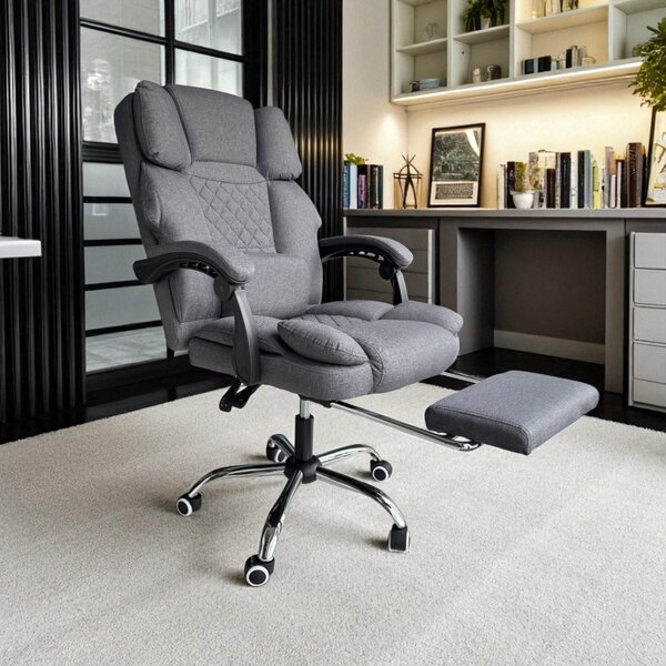 Scaun de birou ergonomic cu suport pentru picioare și masaj - material gri