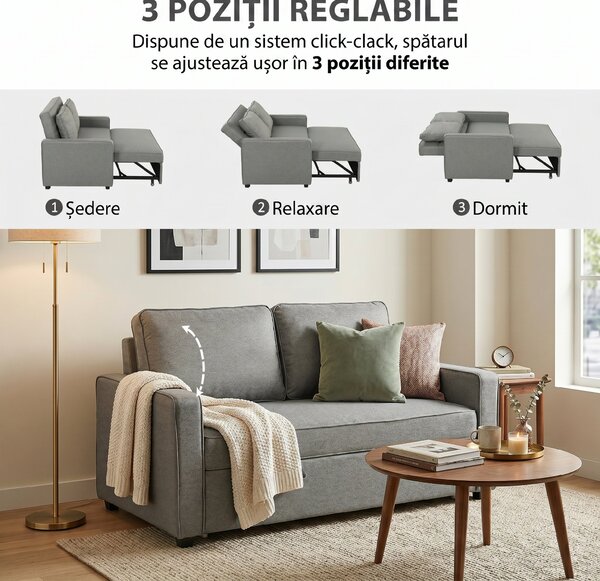 HOMCOM 3 în 1 Canapea Extensibilă 2 Locuri cu Spătar Reglabil pe 3 Poziții, 2 Perne, Material Textil Tip In Gri | Aosom Romania