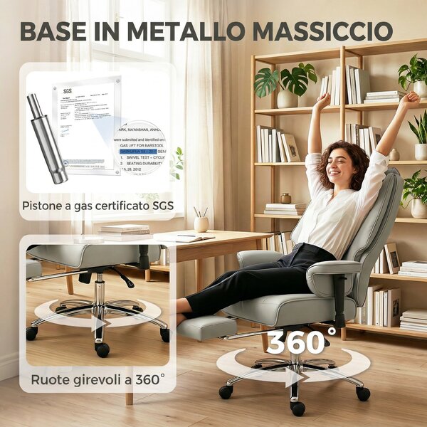 HOMCOM Scaun de birou ergonomic rabatabil cu suport picioare, spătar înalt, înălțime reglabilă, gri deschis | Aosom Romania