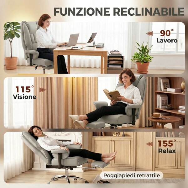 HOMCOM Scaun de birou ergonomic rabatabil cu suport picioare, spătar înalt, înălțime reglabilă, gri deschis | Aosom Romania
