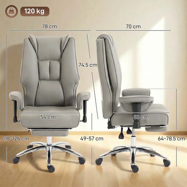 HOMCOM Scaun de birou ergonomic rabatabil cu suport picioare, spătar înalt, înălțime reglabilă, gri deschis | Aosom Romania