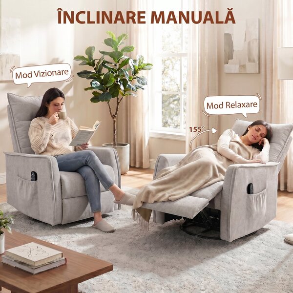 HOMCOM Fotoliu Masaj Reclinabil cu Încălzire Rotativ din Chenille cu Suport pentru Picioare și Telecomandă, Gri Deschis | Aosom Romania