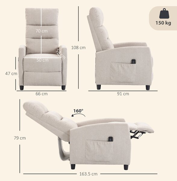 HOMCOM Fotoliu Masaj Reclinabil Manual 160°, Chenille, Suport Picioare, Telecomandă, Buzunare, Crem | Aosom Romania