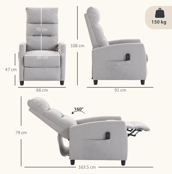 HOMCOM Fotoliu Masaj Reclinabil Manual 160° Chenille cu Suport pentru Picioare, Telecomandă și Buzunare, Gri Deschis | Aosom Romania