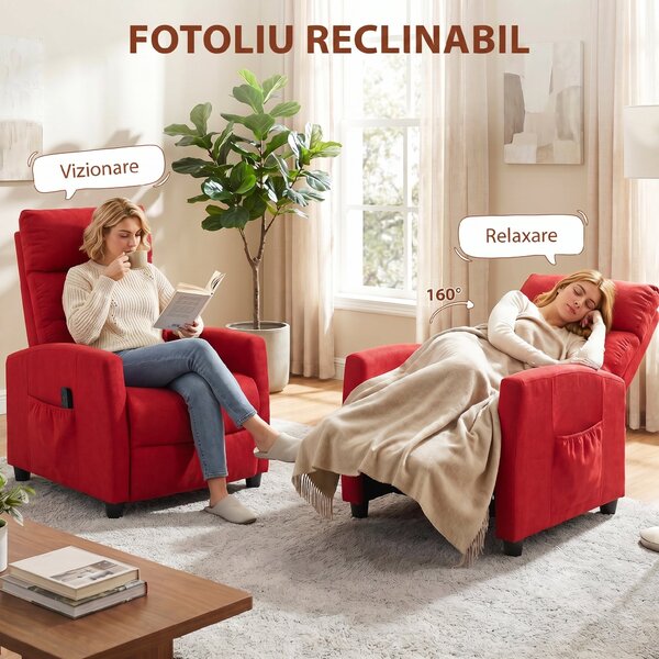 HOMCOM Fotoliu Masaj Reclinabil Manual 160° din Chenille cu Suport Picioare, Telecomandă, Buzunare, Roșu Vin | Aosom Romania
