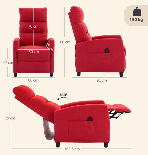 HOMCOM Fotoliu Masaj Reclinabil Manual 160° din Chenille cu Suport Picioare, Telecomandă, Buzunare, Roșu Vin | Aosom Romania