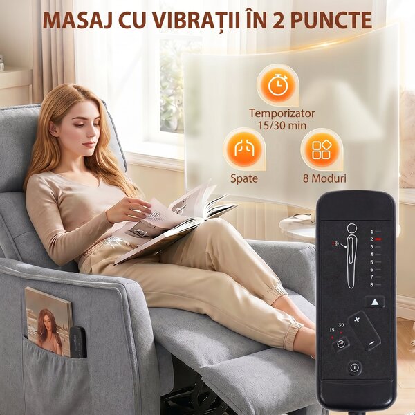 HOMCOM Fotoliu cu Masaj Reclinabil Manual, Material Tip In cu Telecomandă, Gri Deschis | Aosom Romania