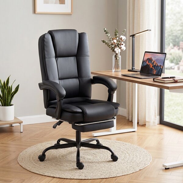 HOMCOM Scaun Birou Ergonomic Reclinabil Rotativ din Piele PU cu Suport pentru Picioare, Înălțime Reglabilă, Negru | Aosom Romania