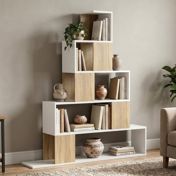 HOMCOM Bibliotecă cu 5 Rafturi Tip Trepte, Alb și Lemn Natural | Aosom Romania