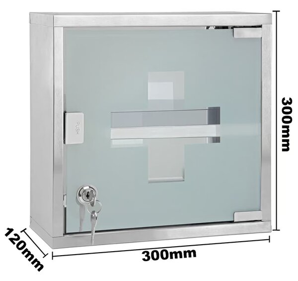 Trusă de prim ajutor de perete din oțel inoxidabil cu sticlă de siguranță și încuietoare 48,5 x 25 x 12 cm