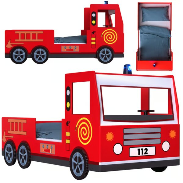 Pat pentru copii Noah cu grătar - camion de pompieri 200 x 90 cm