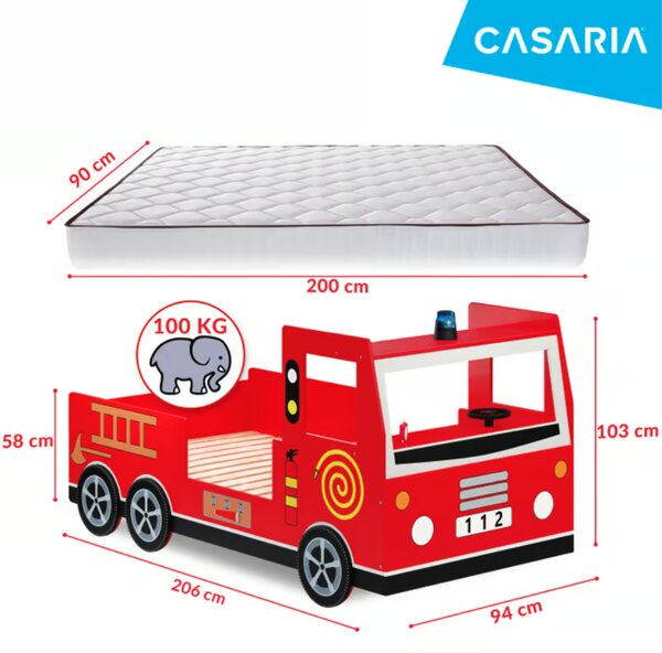 Pat pentru copii Noah cu grătar - camion de pompieri 200 x 90 cm