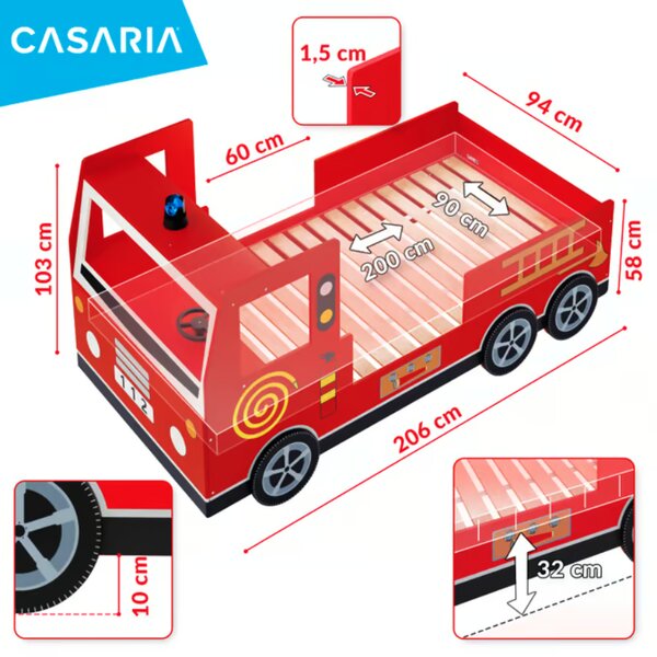 Pat pentru copii Noah cu grătar - camion de pompieri 200 x 90 cm