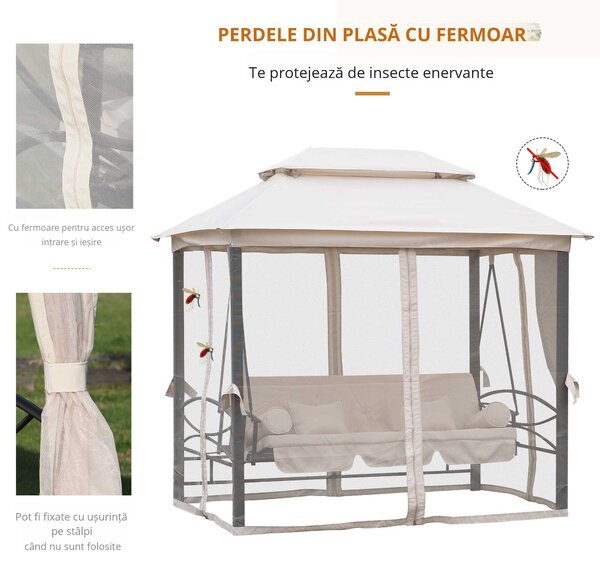 Foisor cu Canapea 3 Locuri și 5 perne, Plasa Tantari, cadru din otel, Bej 232x149x245cm Outsunny | Aosom Romania